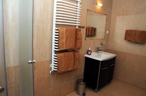 a bathroom with a sink and a mirror at Pensjonat Palomino in Karpacz
