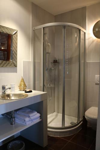 een badkamer met een douche en een wastafel bij Hostellerie de Genève in Vevey
