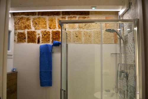 a bathroom with a shower with a blue towel at Mare Nostrum Locazione Turistica in Polignano a Mare