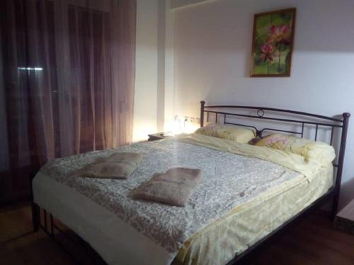 1 dormitorio con 1 cama con 2 almohadas en Comfortable inexpensive apartmets near metro en Atenas