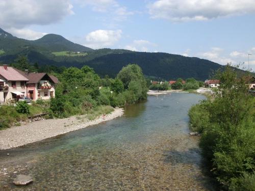 a river with houses and mountains in the background at Rooms Pevc & Hostel Ljubno ob Savinji in Ljubno
