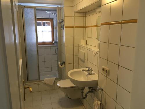 a bathroom with a sink and a toilet and a shower at Ferienwohnung Sachrang in Sachrang