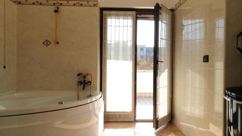 a bathroom with a tub and a glass door at Le Cicogne in Rovereto