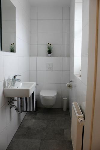 a white bathroom with a sink and a toilet at Haus Kornfeld in Oberlangen