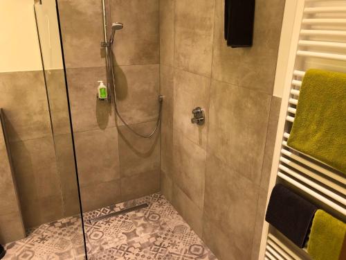 a bathroom with a shower with a glass door at Landhotel Witte-König in Garrel