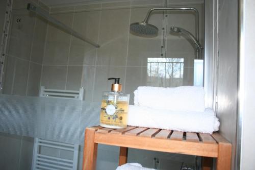 a bottle of soap sitting on a table in a bathroom at Les Rochers in Saint-Étienne-de-Gourgas