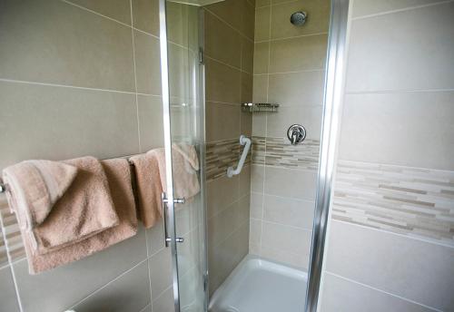 bagno con doccia e porta in vetro di Moloney House a Doolin