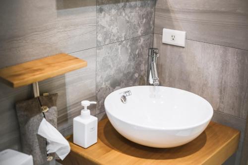 a bathroom with a white bowl sink on a wooden counter at Tiin Tinn - Rivershore B&B in Taitung City