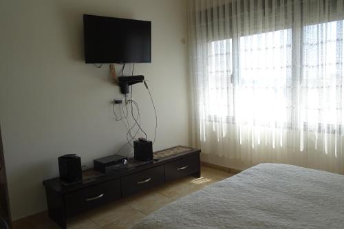 1 dormitorio con 1 cama y TV de pantalla plana en Sage &Thyme en Nazareth