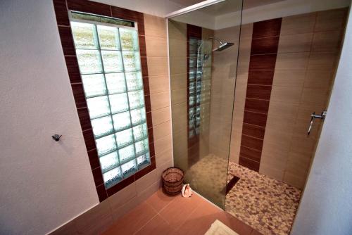 a bathroom with a shower with a glass door at Greenland Residence House in Zamboanguita