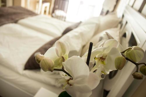 a bunch of white flowers on a hospital bed at Lux new white apartment in Novi Sad