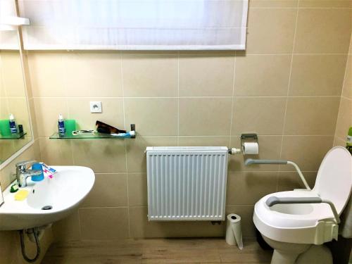 Un baño con un inodoro blanco y un lavabo. en Huisje Zeegenoegen Oostduinkerke Koksijde, en Oostduinkerke