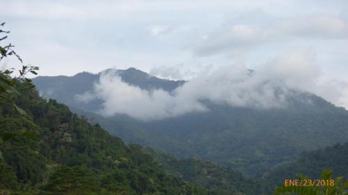 a view of a mountain with clouds on it at Hostal Alto de la Montaña in Minca