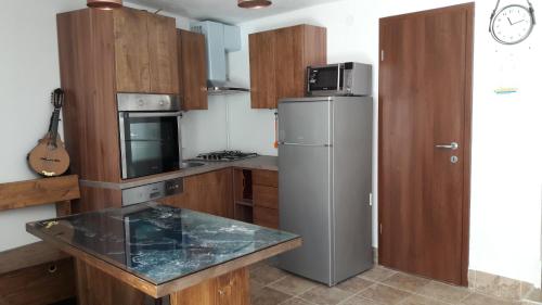 eine Küche mit einem Kühlschrank und einer Mikrowelle in der Unterkunft Apartmani Krapanj in Krapanj