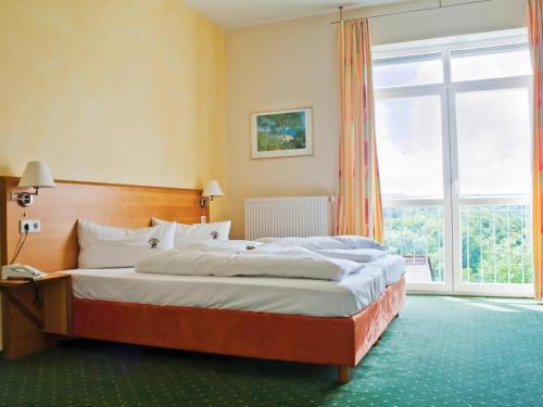 ein Schlafzimmer mit einem Bett und einem großen Fenster in der Unterkunft Berggasthof Hotel Igelwirt in Schnaittach