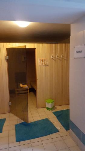 a bathroom with blue mats on the floor and a mirror at Aulus-les-Bains in Aulus-les-Bains