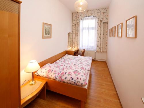 カルロヴィ・ヴァリにあるApartman Moravskaの小さなベッドルーム(ベッド1台、窓付)