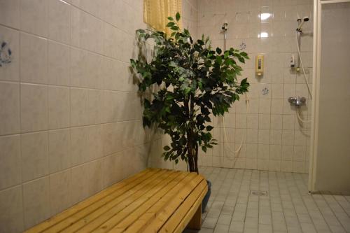 a bathroom with a bench with a tree in the shower at Hotel Rantakatti in Punkaharju