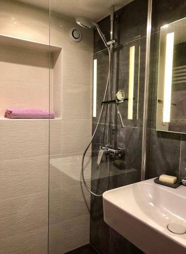 une salle de bain avec douche et lavabo dans l'établissement Appartement Versailles quartier Notre Dame au pied du Chateau avec Parking, à Versailles
