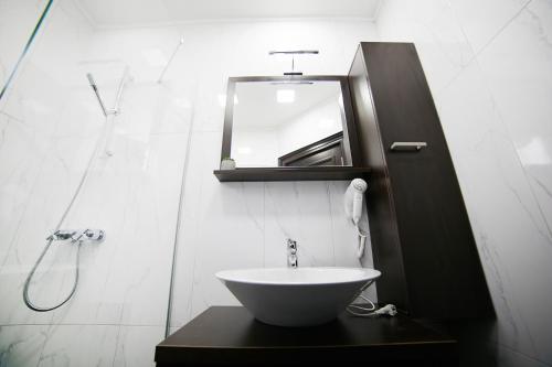 a bathroom with a sink and a mirror at Lux apartmani Beograd in Belgrade