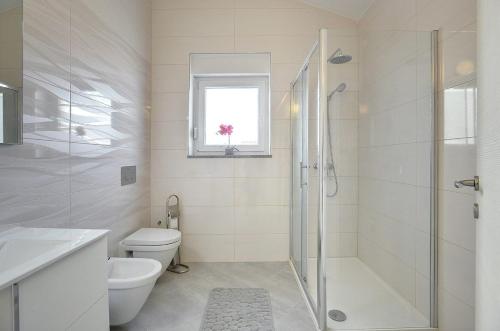 a bathroom with a shower and a toilet and a window at Villa Rudy in Štinjan