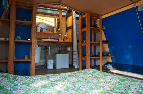 Un dormitorio con paredes azules y estantes de madera y una cama. en Amfibietreks, en Siniscola
