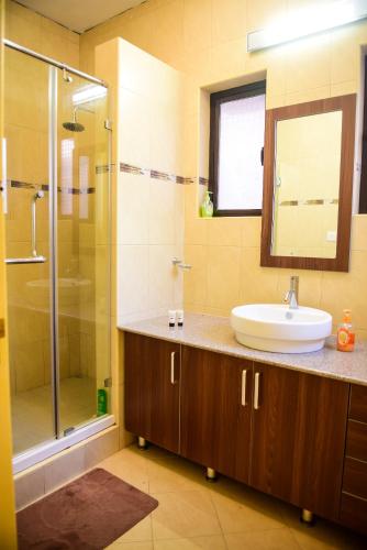 a bathroom with a sink and a shower at Villa Chan in Tamarin