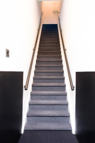 a staircase in a building with a blue carpet at Maison Bon Apartments in Den Bosch