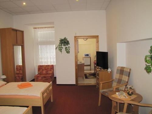 a living room with a bed and a television at Penzion Aldo in Karviná