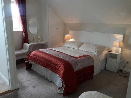 ein Schlafzimmer mit einem Bett, einem Stuhl und einem Spiegel in der Unterkunft Daleview House in Manorcunningham