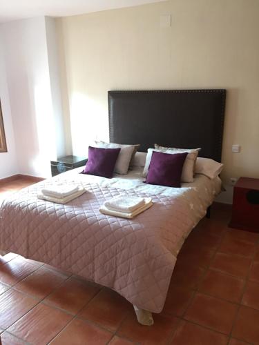 クエンカにあるApartamento Menta y Canelaのベッドルーム1室(大型ベッド1台、紫色の枕付)