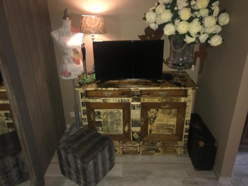 a television on a table with a vase of flowers at Le Relais de Chassepierre in Chassepierre