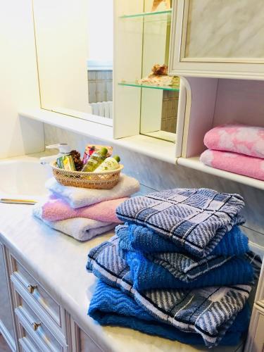 une pile de serviettes assises sur un comptoir dans la salle de bains dans l'établissement Le Gîte de l'Ecureuil, à Sturzelbronn