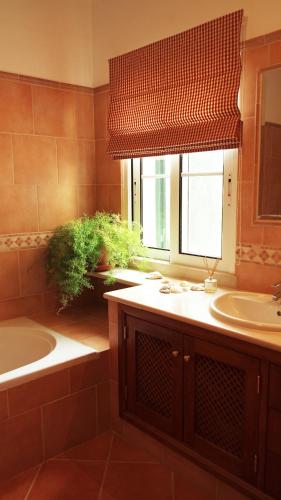 a bathroom with a sink and a tub and a window at Quinta do Sotavento in Moncarapacho