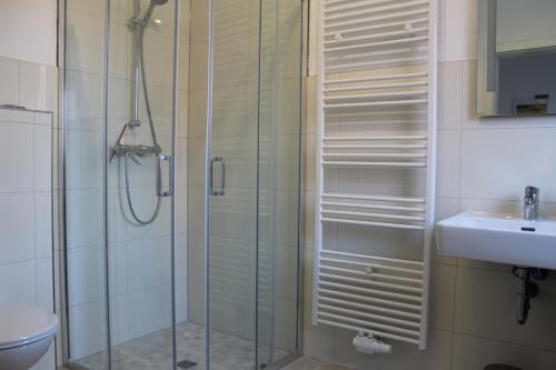 W łazience znajduje się szklana kabina prysznicowa i umywalka. w obiekcie Ferienhaus Westwind w mieście Rhauderfehn