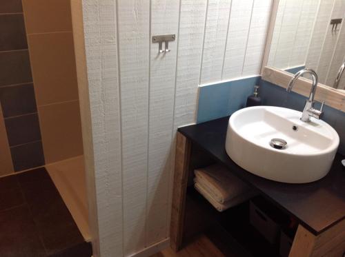 La salle de bains est pourvue d'un lavabo blanc et d'une douche. dans l'établissement Appart & p'tit Jardin, à Arès