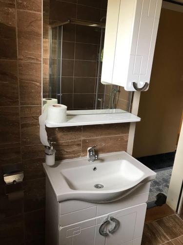 un bagno con un lavandino bianco e uno specchio di Dhabi Sweet Home a Doglodi