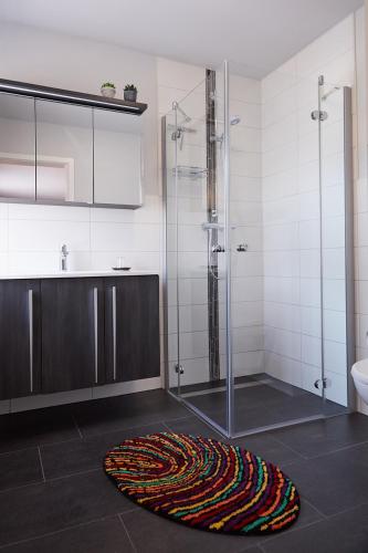 a bathroom with a shower and a rug on the floor at Ferienhaus Carola in Lübben