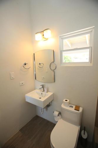 a bathroom with a toilet and a sink and a mirror at The Moxy in English Harbour Town