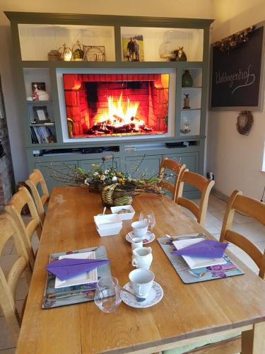 einen Holztisch mit Kamin im Wohnzimmer in der Unterkunft Widdingenhof in Wellen