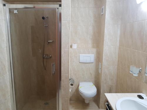 a bathroom with a shower and a toilet and a sink at Hotel Edelweiss in Mediaş