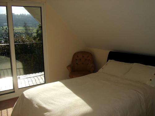 a bedroom with a bed and a large window at Tibbiwell Lodge in Painswick