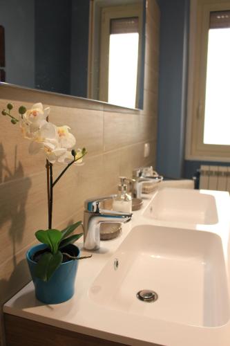 a bathroom sink with a vase with a flower in it at L'Alba sui Templi in Agrigento