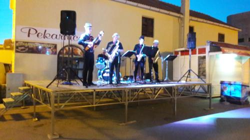 Un groupe de personnes sur une scène avec un microphone dans l'établissement Marina & Luka, à Povljana