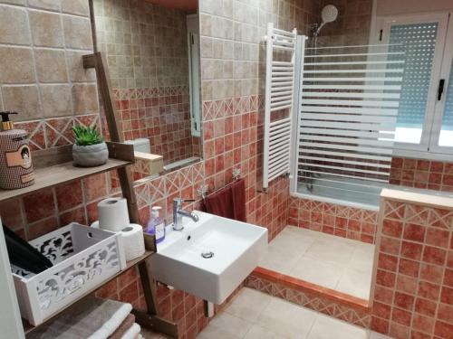 a bathroom with a white sink and a shower at La Barrica de Gran vía 43 en el centro de Logroño in Logroño