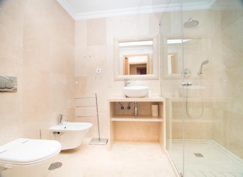 a bathroom with a toilet and a sink and a shower at Panorama Apartment in Lagos