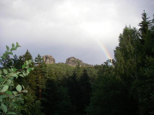 a rainbow in the sky over a mountain with trees at Falkenstein-Hütten in Bad Schandau