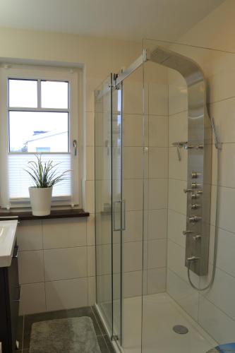 eine Dusche mit Glastür im Badezimmer in der Unterkunft Villa Ilse in Heringsdorf
