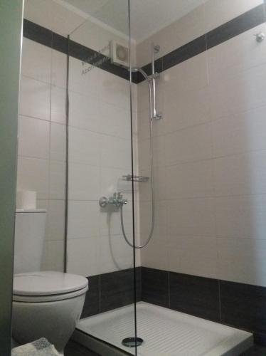 a bathroom with a glass shower with a toilet at Nikos & Anna Rooms in Rodakino