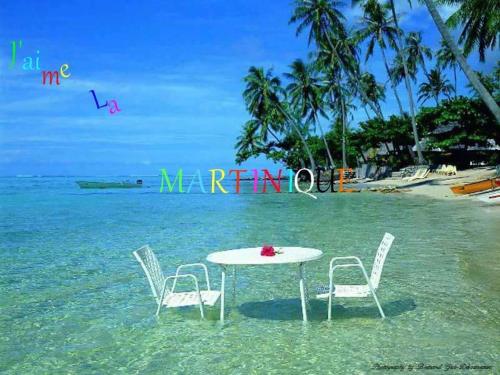 a table and chairs in the water on a beach at Meryem in La Trinité
